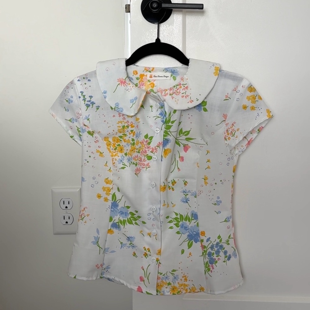 Floral Peter Pan Collar Blouse - White with Pastel Floral Print (AS SEEN ON TT)